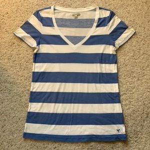 American Eagle Blue and White Striped V-neck